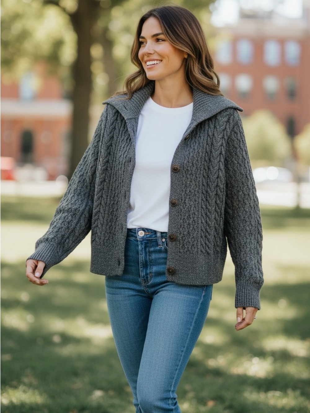 Mango Dark Gray Cable-Knit Funnel Neck Button Cardigan